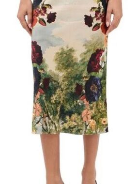 Alice + Olivia Cream Floral Midi Pencil Skirt with Green & Burgundy Accents